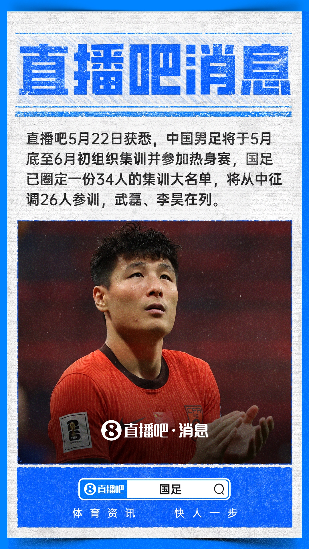 国足34人集训名单出炉,武磊李昊入选
